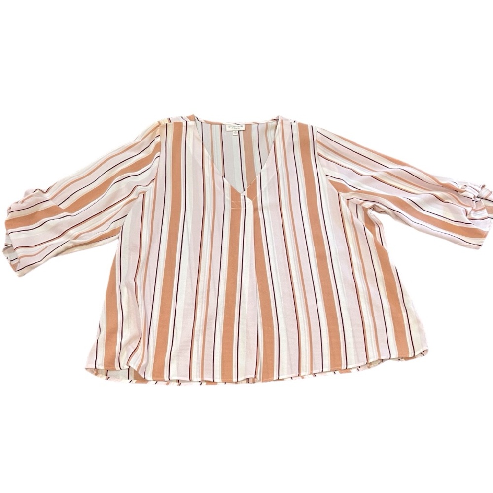 STUDIO B by BOBEAU top shirt tunic size 2X stripes v neck pink brown